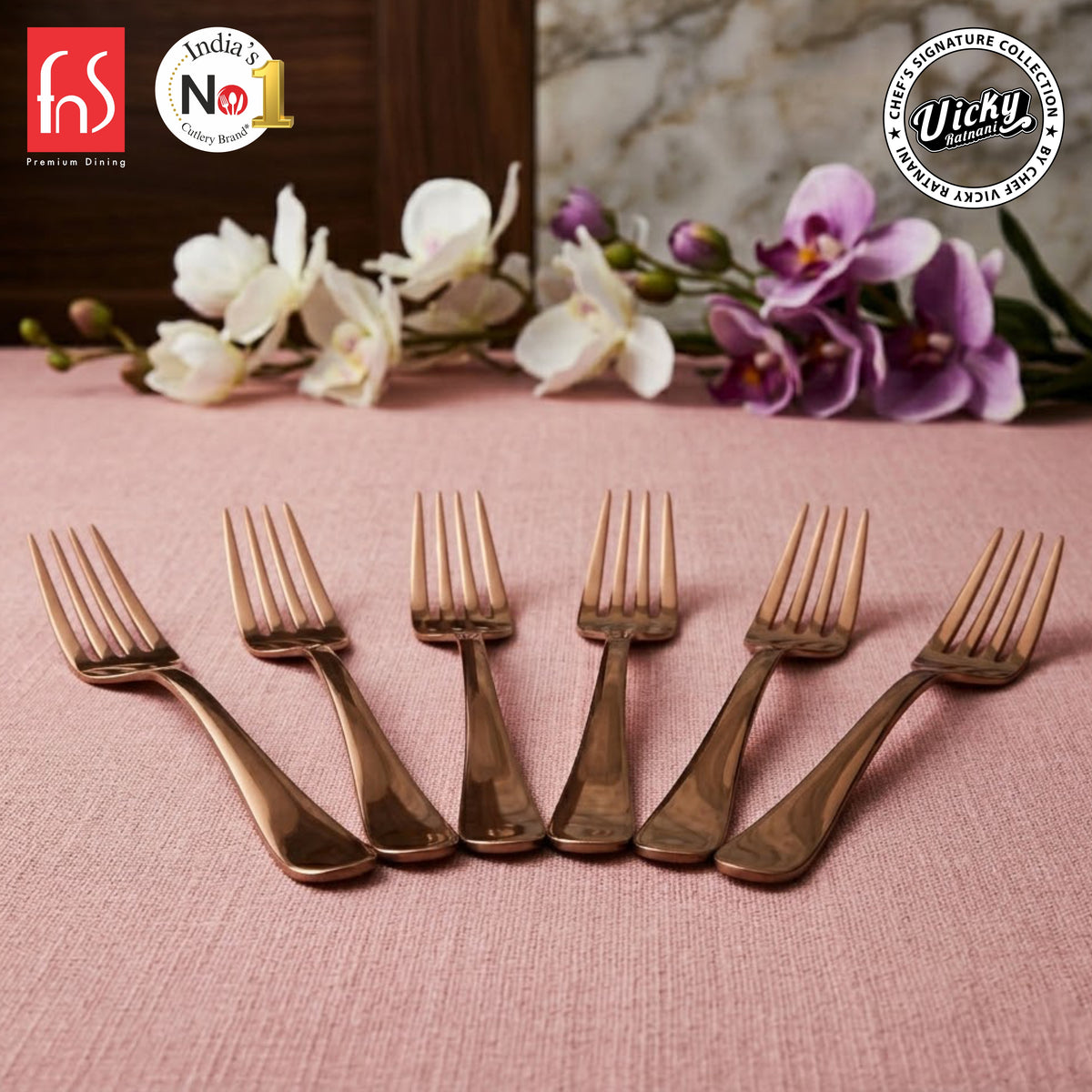 Chef Vicky Ratnani's Signature Collection By FnS Livo Rose Gold Stainless Steel Dessert Fork 6 Pcs Set | Premium refined finish Handle Design Cutlery for Home, Dining & Kitchen