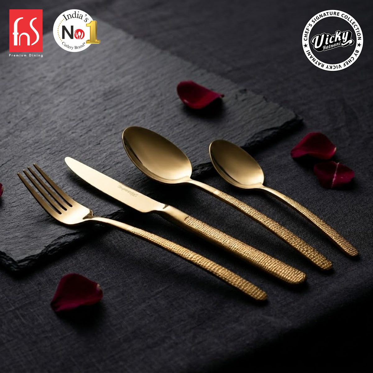 Chef Vicky Ratnani's Signature Collection By FnS Velora Stainless Steel 24 Pcs Cutlery Set with Box Pack | 6 Dinner Spoon, 6 Dinner Fork, 6 Dinner Knife/Butter Knife, 6 Teaspoon | Premium Textured Handle Design Cutlery for Home, Dining & Kitchen