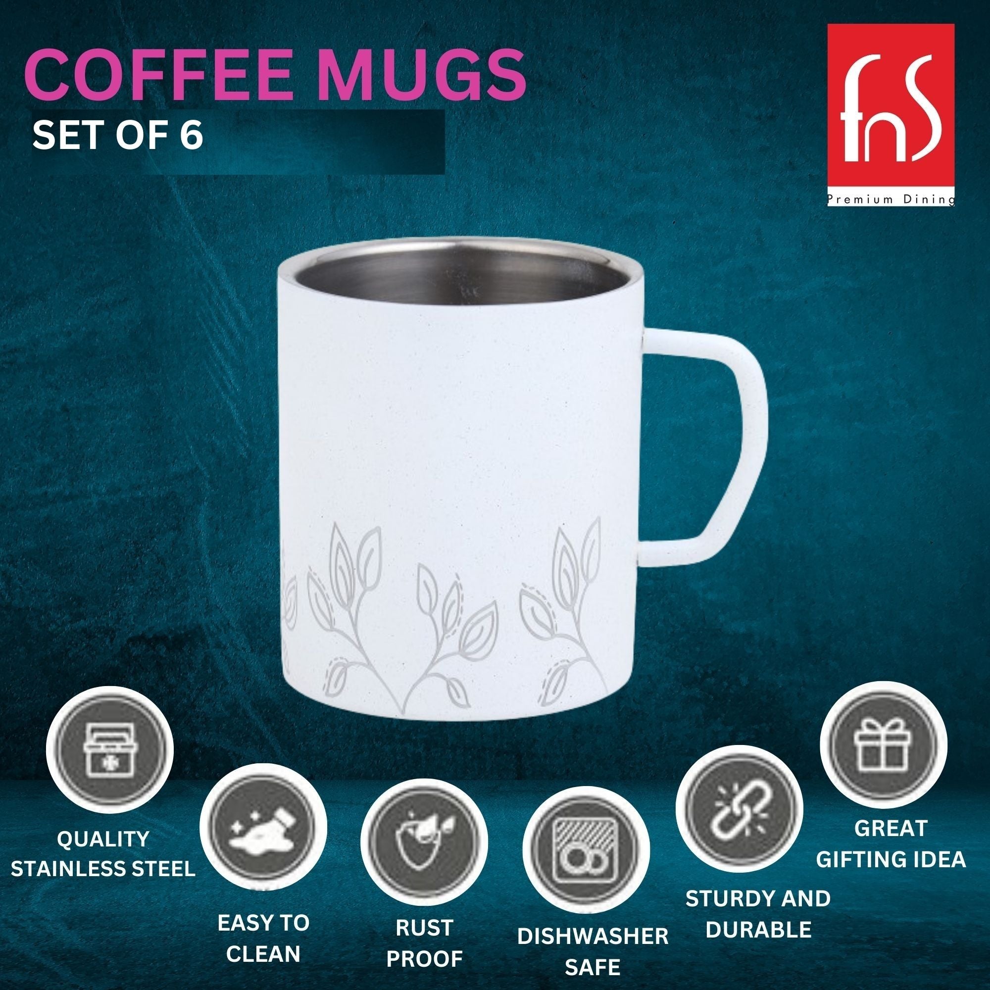 FNS Stainless Steel Coffee Mugs, with Laser Engraving White (Set of 6)