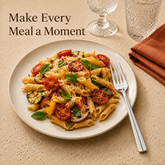 Montavo by FnS Nile stainless steel dessert fork with single-line handle served beside a colourful vegetable pasta dish.
