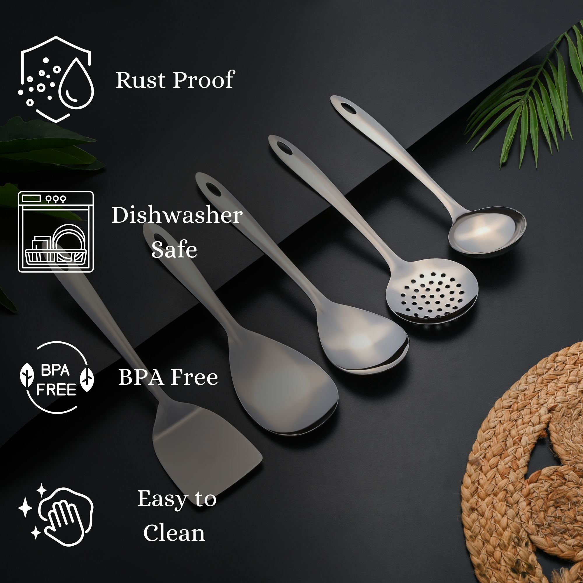 Montavo by FnS Amazon Stainless Steel Serving Tools Set of 5, 1 Rice Server, 1 Gravy Ladle(chamcha), 1 Skimmer Turner(Karchhi), 1 Veg Serving Spoon(Spatula), 1 Turner Solid(Palta)