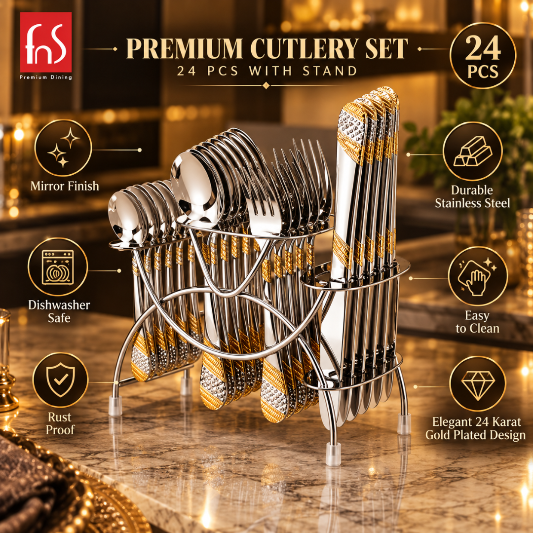 FnS Imperio 24-Pc 24K Gold Plated Stainless Steel Cutlery Set With Stand