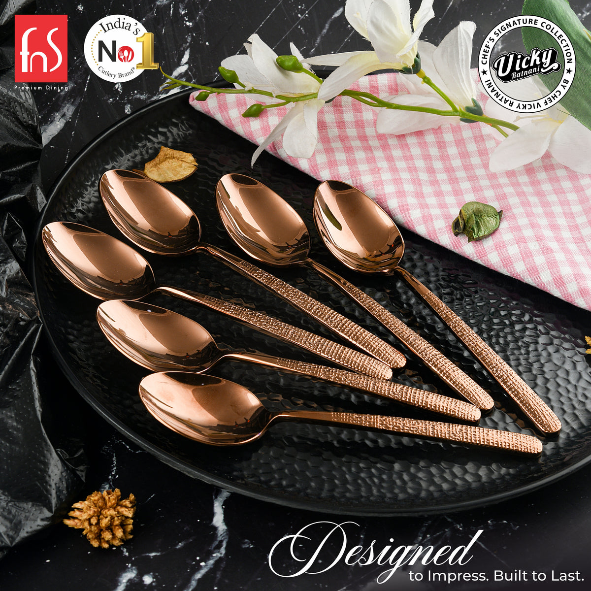 Chef Vicky Ratnani's Signature Collection By FnS Sorrento Rose Gold Stainless Steel Dessert Spoon 6 Pcs Set | Premium Textured Handle Design Cutlery for Home, Dining & Kitchen