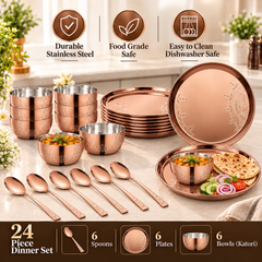 FnS Gond 24-Pc Rose Gold Leaf Pattern Stainless Steel Dinner Set