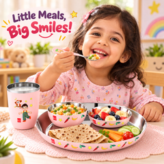 FnS Little Bites 5-Pc Stainless Steel Kids Dinner Thali Set – Pink