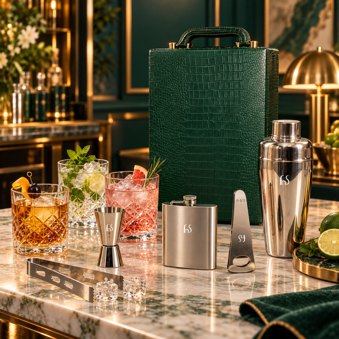 Spirito Mini Cabinet – 8-Piece Leather Bar Set