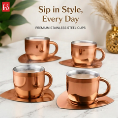 FnS Tea Cup and Saucer Set of 4 Stainless Steel for Gift and Home Decor Double Walled Cup | Unbreakable Cups for Tea and Coffee (Rose Gold, 4 Cups and 4 Saucer)