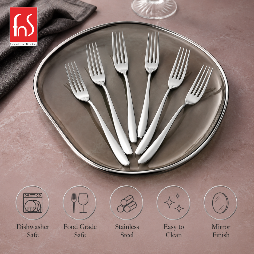 Montavo by FnS Verona 6-piece dessert fork set in food-grade stainless steel with mirror finish and easy-clean design.
