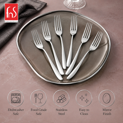 Montavo by FnS Verona 6-piece dessert fork set in food-grade stainless steel with mirror finish and easy-clean design.
