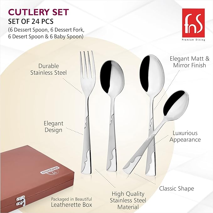 Montavo by FnS Creta Stainless Steel 24 Pcs Cutlery Set in Leatherette Box