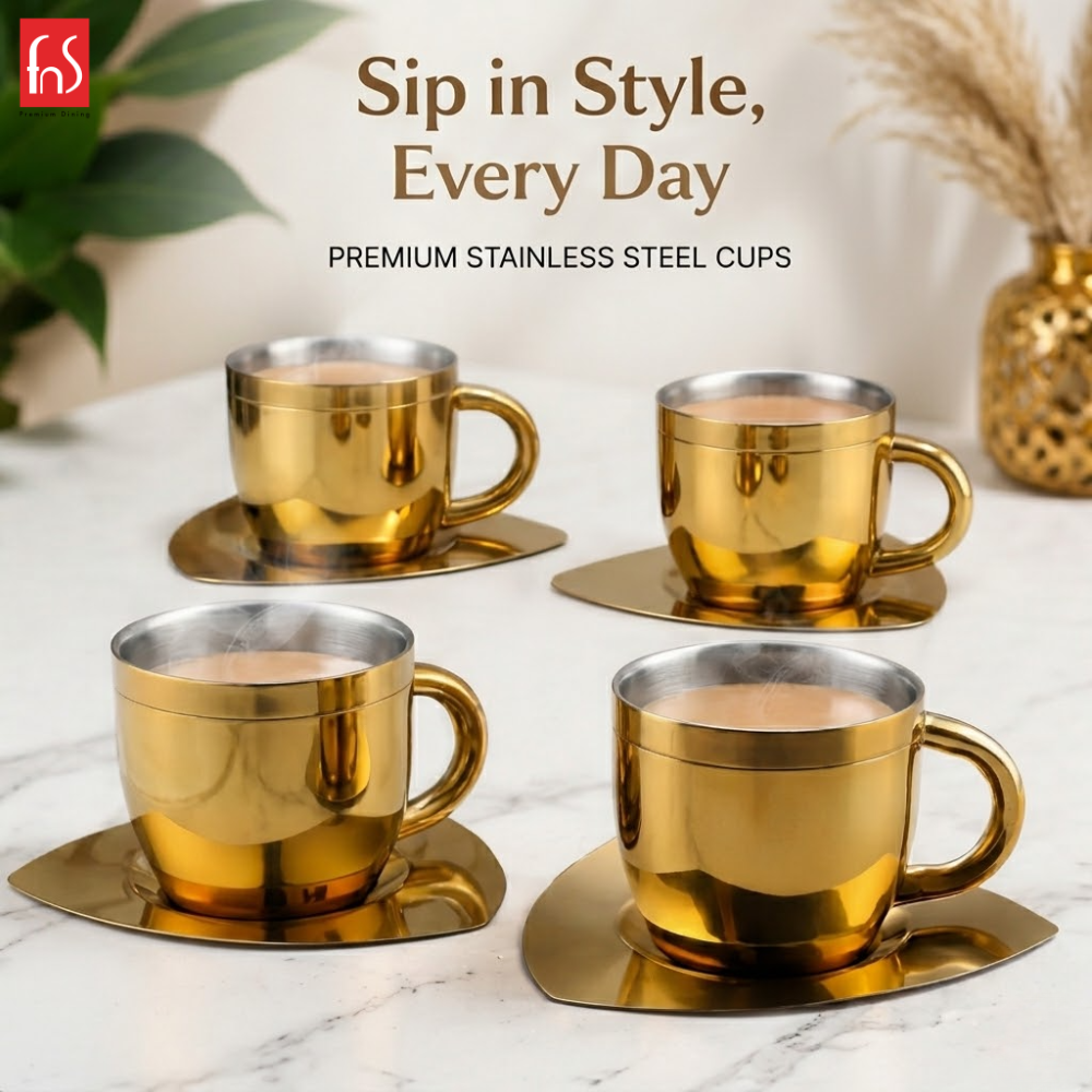 FnS Tea Cup and Saucer Set of 4 Stainless Steel for Gift and Home Decor Double Walled Cup | Unbreakable Cups for Tea and Coffee (Gold, 4 Cups and 4 Saucer)