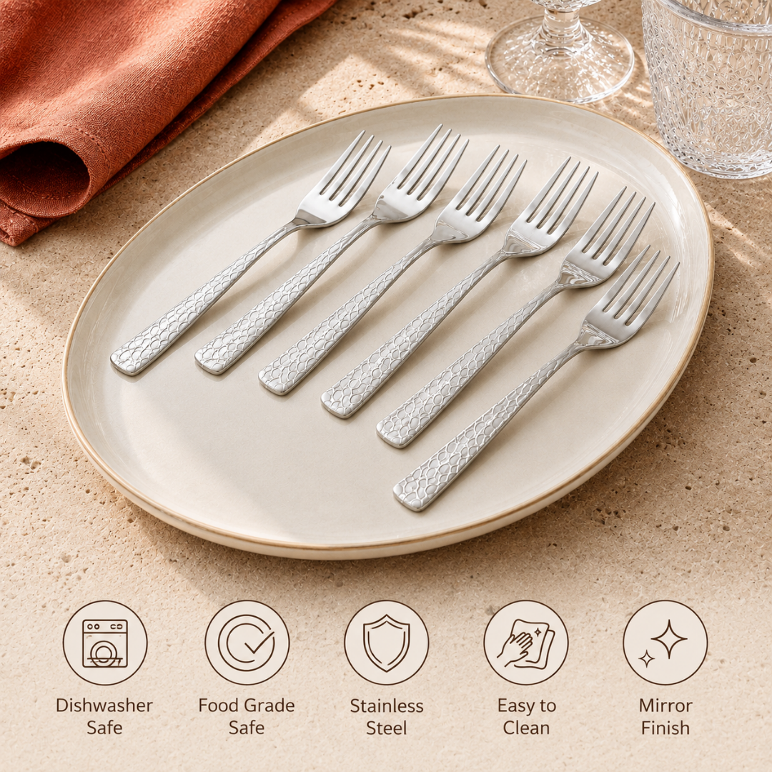 Montavo by FnS Pacific 6-piece dinner fork set in food-grade stainless steel with mirror finish and easy-clean design.
