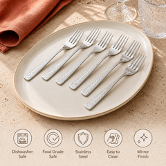 Montavo by FnS Pacific 6-piece dinner fork set in food-grade stainless steel with mirror finish and easy-clean design.
