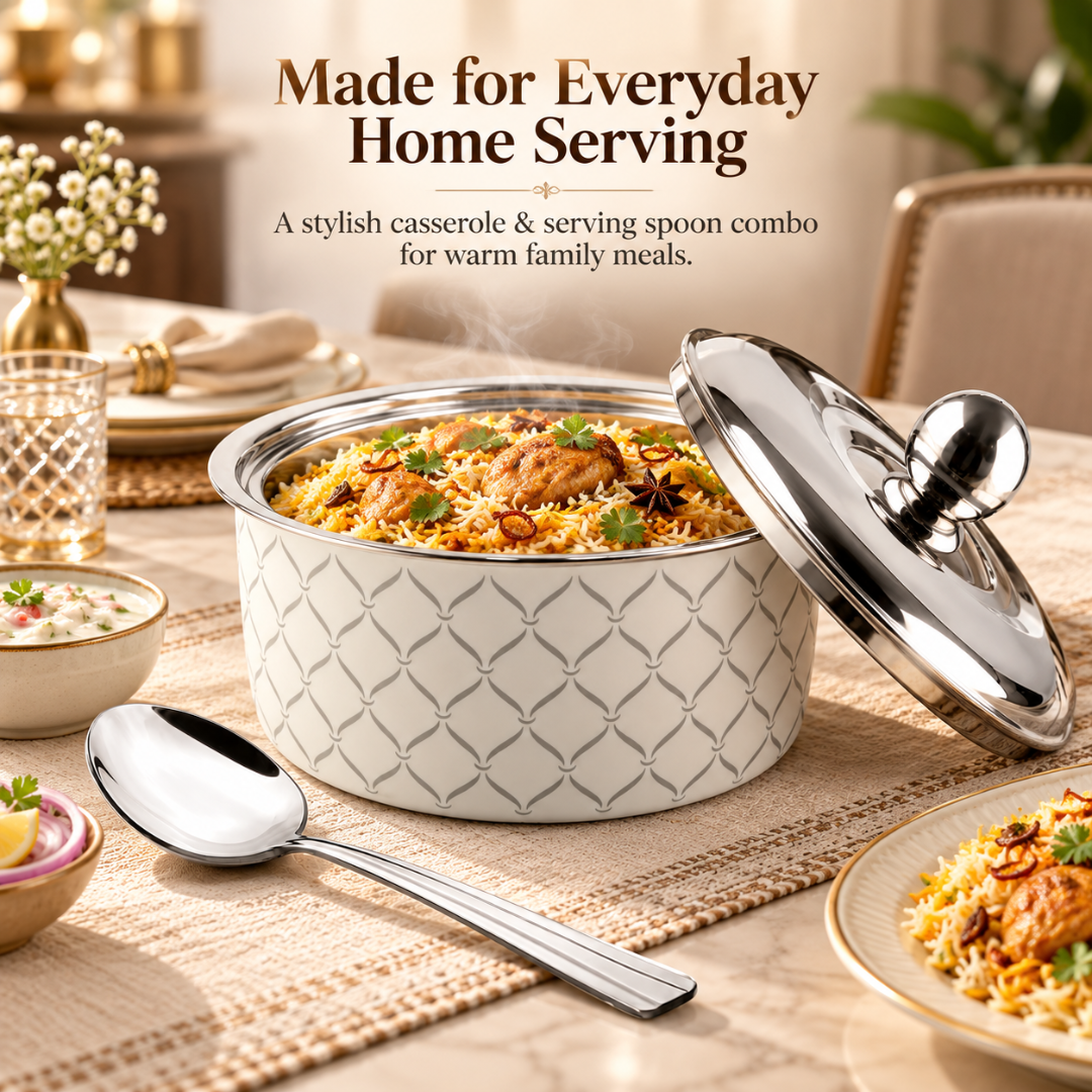 FnS Lecce Double Wall Stainless Steel Casserole 3000ml with Lid and Venice Serving Spoon Combo