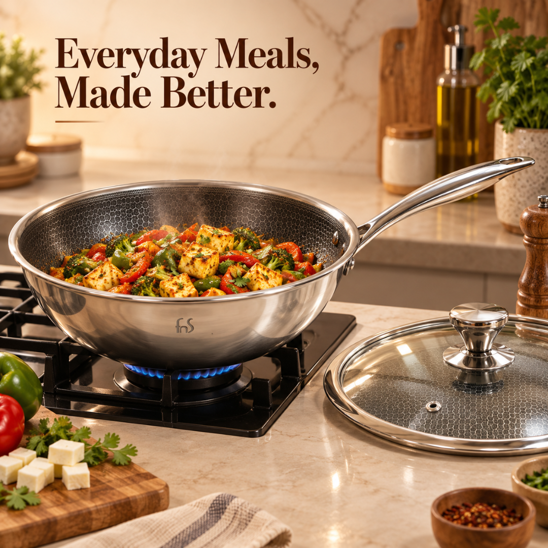 FnS NuChef Hexa Clad Wok with Lid 22 cm