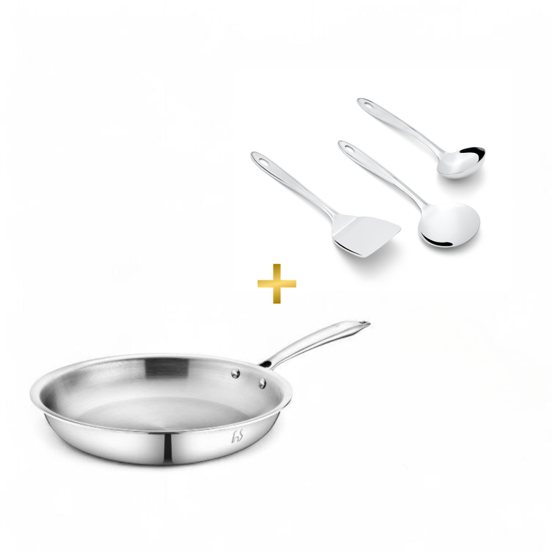 FnS Trinity Stainless Steel Serving Tools Set of 3 and NuChef Triply FryPan 22 cm Combo 3-Ply Cookware Pot with Gravy Ladle, Solid Turner & Skimmer Turner, Induction & Gas Compatible Kitchen Combo