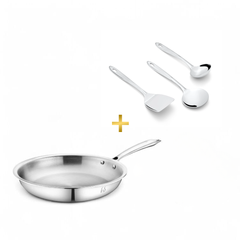 FnS Trinity Stainless Steel Serving Tools Set of 3 and NuChef Triply FryPan 22 cm Combo 3-Ply Cookware Pot with Gravy Ladle, Solid Turner & Skimmer Turner, Induction & Gas Compatible Kitchen Combo