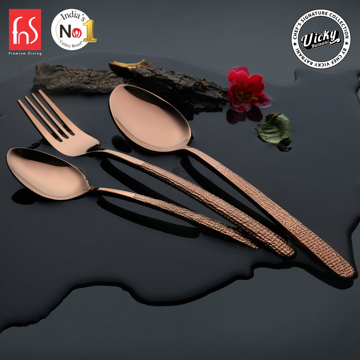 Chef Vicky Ratnani's Signature Collection By FnS Sorrento Rose Gold Stainless Steel 18 Pcs Cutlery Set with Box Pack | 6 Dinner Spoons, 6 Dinner Forks, 6 Tea Spoons | Premium Textured Handle Design Cutlery for Home, Dining & Kitchen
