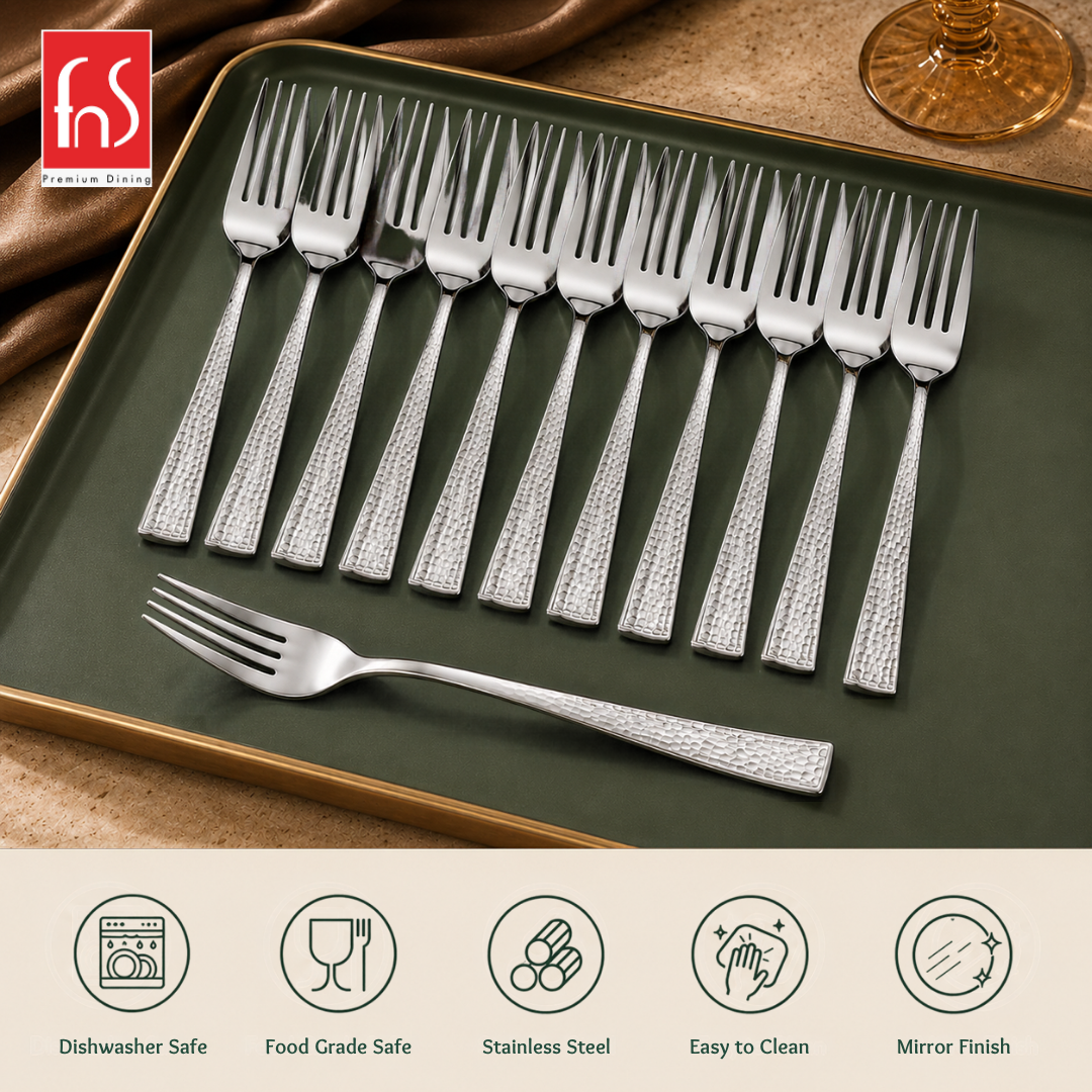 Montavo by FnS Helios 12-piece dessert fork set in food-grade stainless steel with mirror finish and easy-clean design.
