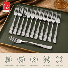 Montavo by FnS Helios 12-piece dessert fork set in food-grade stainless steel with mirror finish and easy-clean design.

