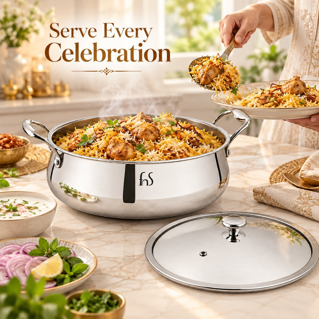 FnS NuChef Triply Stainless Steel Biryani Handi 28 cm with Glass Lid