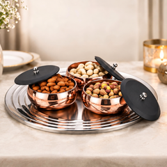 FnS Orbit Stainless Steel Serving Set for Snacks, Dry Fruits, Dessert (Rose Gold)