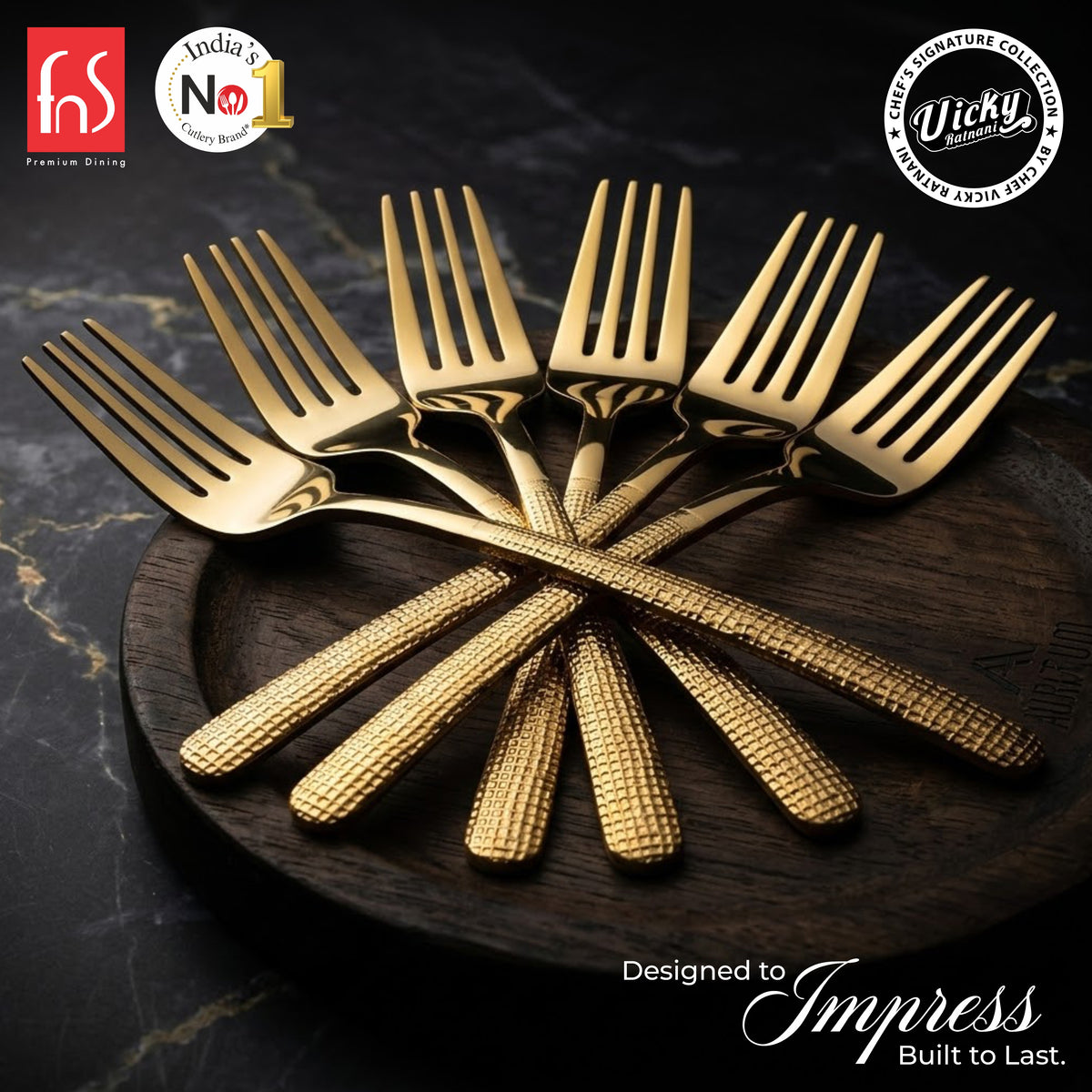 Chef Vicky Ratnani's Signature Collection By FnS Velora Stainless Steel Dessert Fork 6 Pcs Set | Premium Textured Handle Design Cutlery for Home, Dining & Kitchen