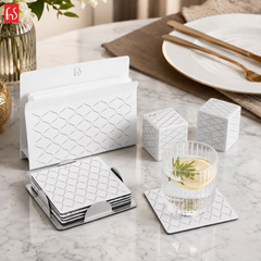 FnS Lecce – Stainless Steel Napkin Holder, Coaster & Salt & Pepper Set with White Powder Coating | Elegant Tableware Set for Dining & Kitchen Décor