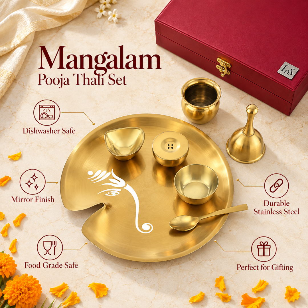 FnS Mangalam 7-Pc Gold Stainless Steel Pooja Thali Set
