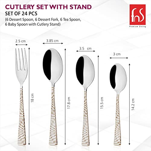 Montavo by FnS Lexia Stainless Steel 24 Pcs Cutlery Set with Stand (6 Dinner Spoon, 6 Dinner Fork, 6 Baby Spoon, 6 Tea Spoon and one Stand)