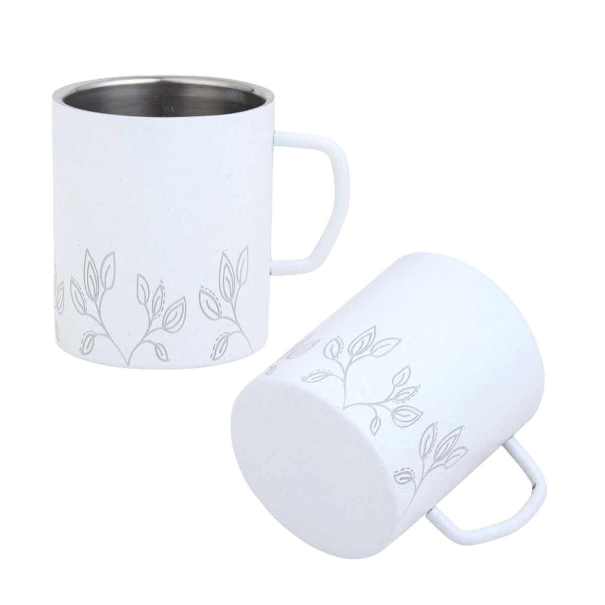 FnS Stainless Steel Coffee Mugs with Laser Engraving White (Set of 2), featuring a modern leaf pattern on a white background.
