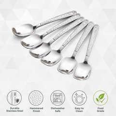 FnS Madrid 6-Pc hammered-finish stainless steel ice cream spoon set highlighting food-grade and dishwasher-safe features.