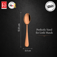 Livo rose gold baby spoon shown with 13.8 cm length and 3.0 cm width on a premium black background with FnS brand logos.