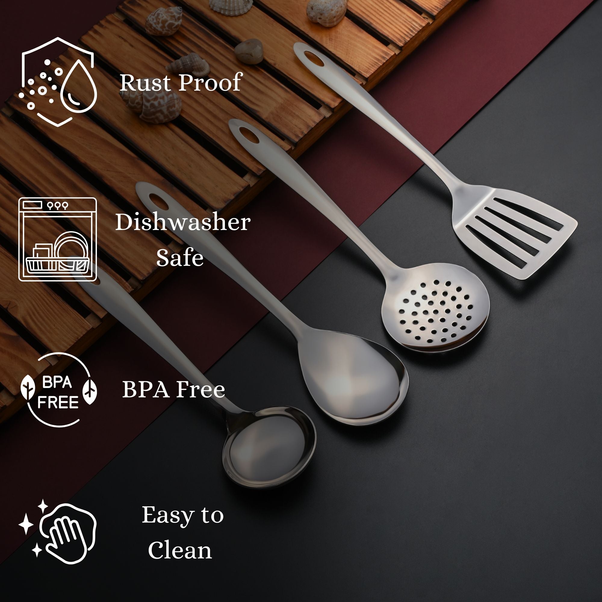 Montavo by FnS Amazon Stainless Steel Serving Tools Set of 4, 1 Gravy Ladle (chamcha), 1 Skimmer Turner(Karchhi), 1 Slotted Turner(Palta), 1 Veg Serving Spoon(Spatula)
