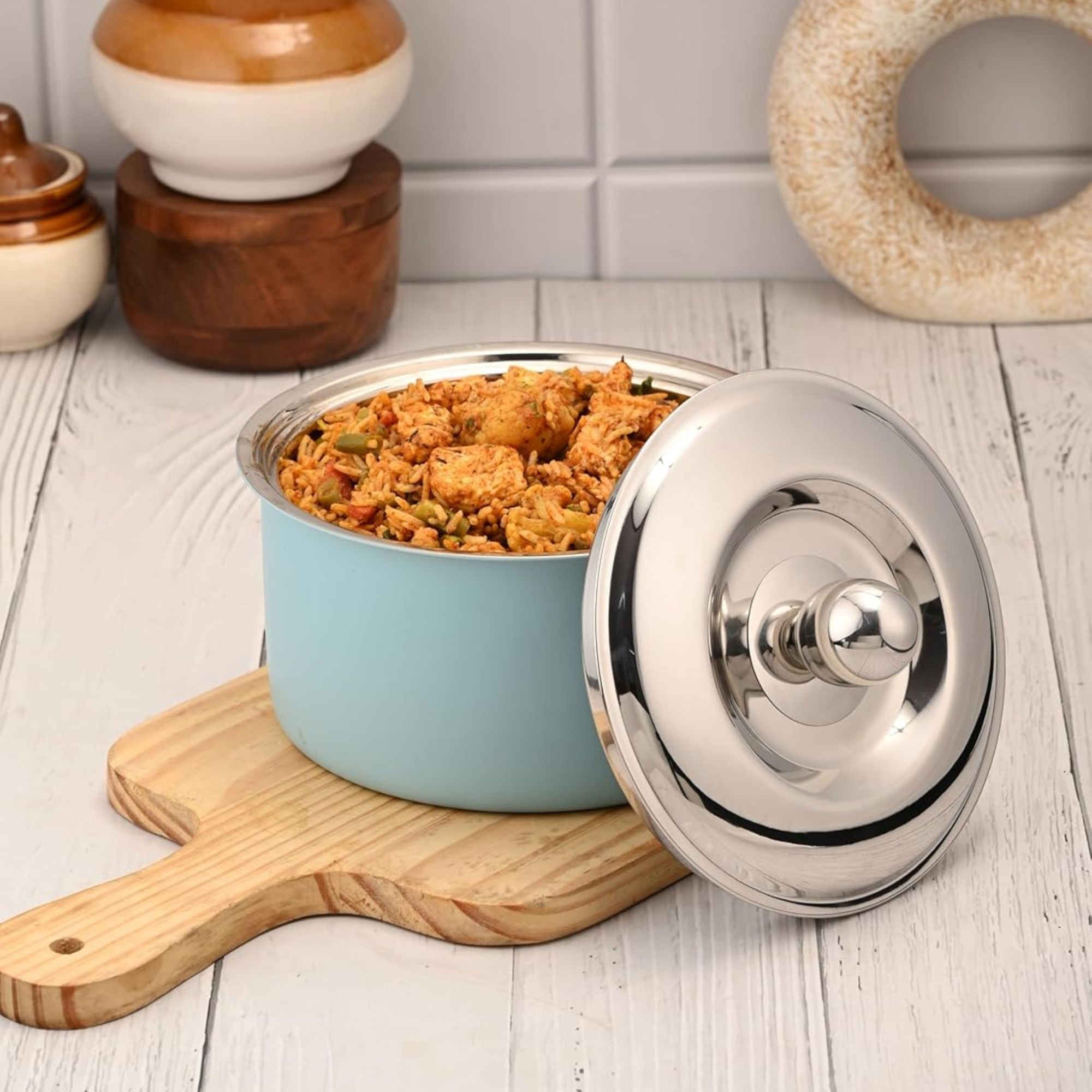 FNS Alwin Sky Blue Finish Stainless Steel Casserole with Lid (1600 ml)