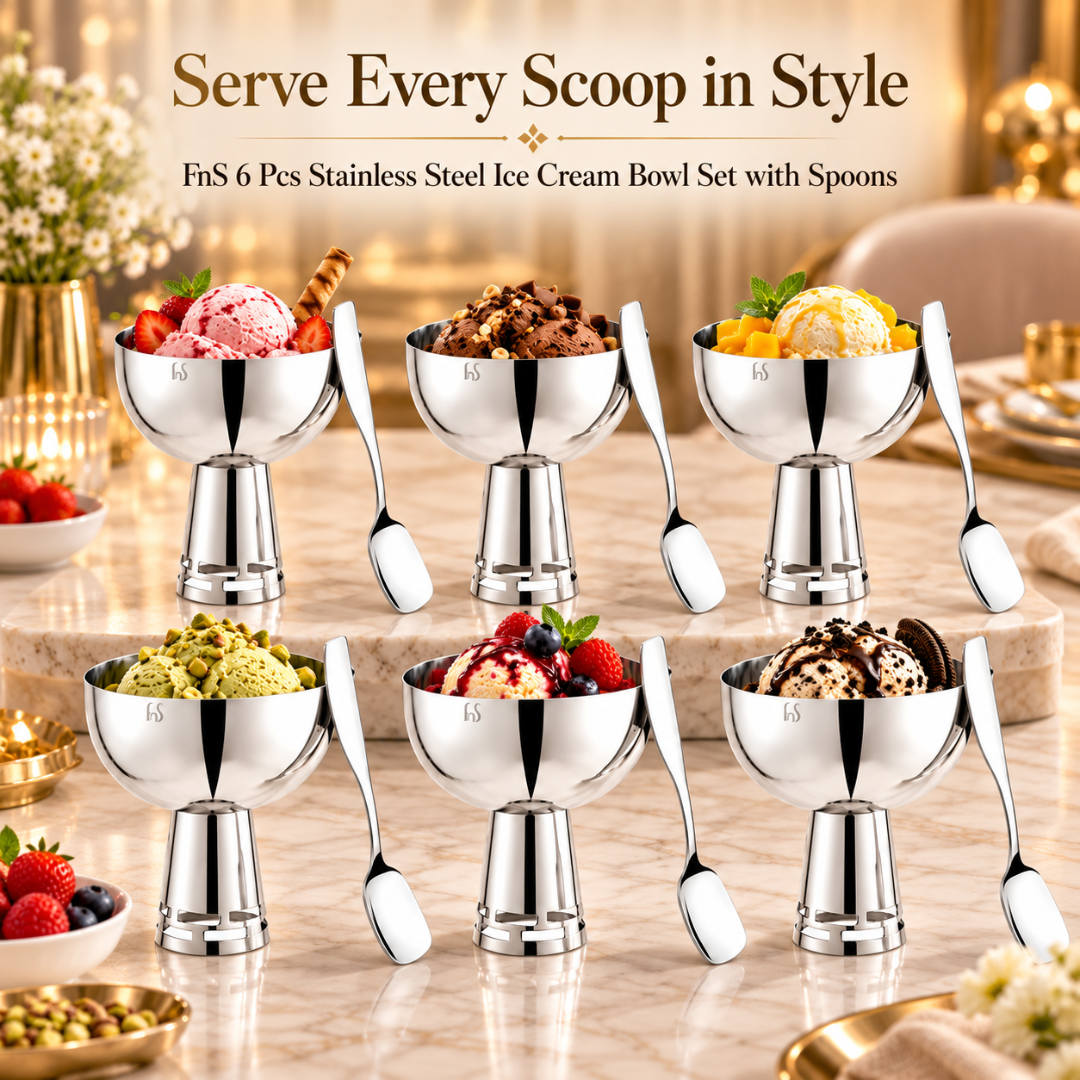 FnS Basil Stainless Steel Ice Cream Bowl & Spoon Set of 6