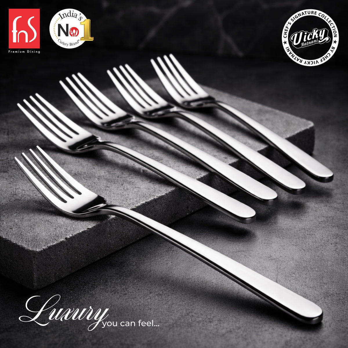 Chef Vicky Ratnani's Signature Collection By FnS Thames Stainless Steel Dessert Fork 6 Pcs Set | Premium modern minimalism Handle Design Cutlery for Home, Dining & Kitchen