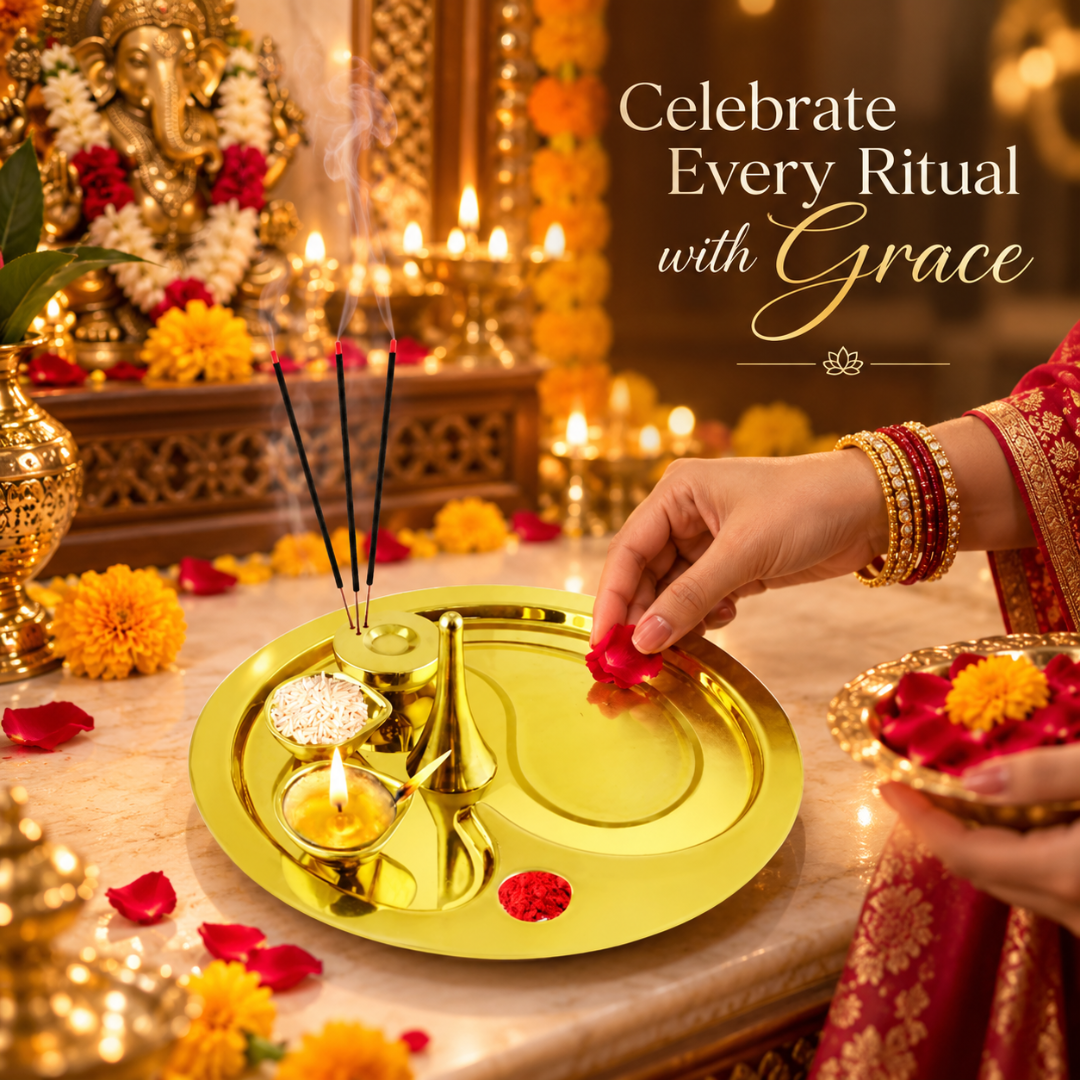 FnS Shubh 5-Pc Gold Finish Stainless Steel Pooja Thali Set
