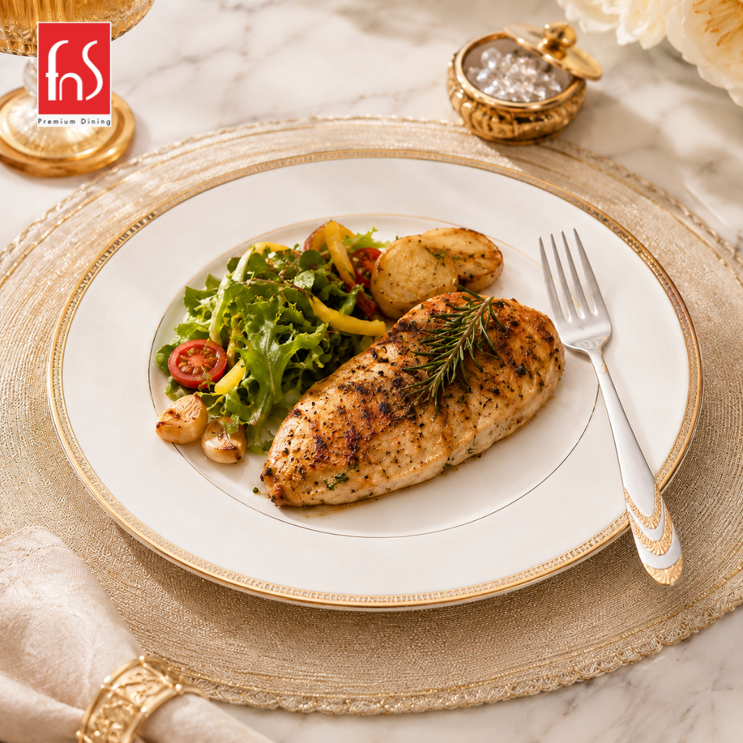 Montavo by FnS Magna 24 Karat gold plated dinner fork served beside grilled chicken and salad on an elegant dining plate