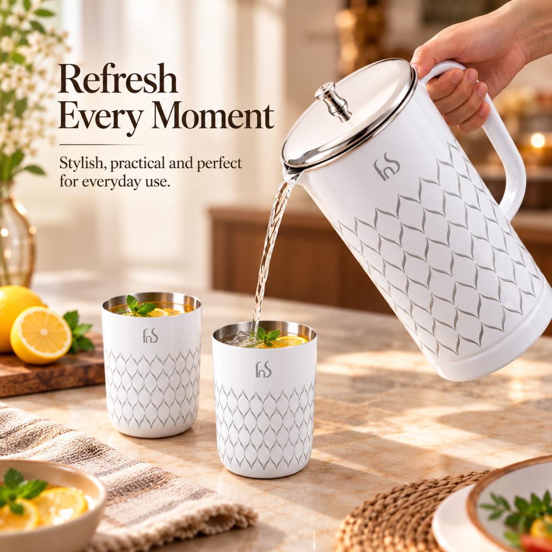 FnS Lecce white stainless steel pitcher pouring a chilled drink into matching glasses, styled for everyday refreshment.