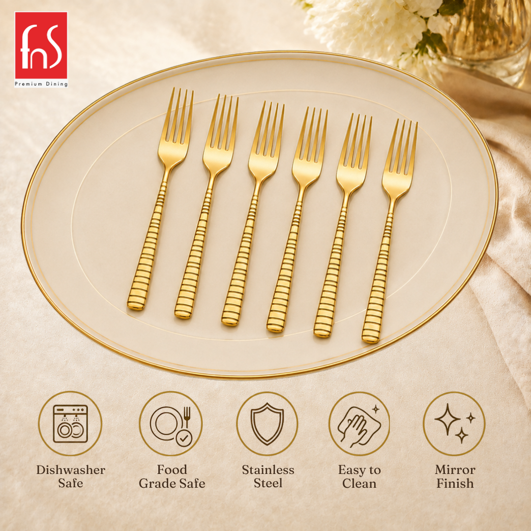 FnS Boston 6 Pcs Stainless Steel Gold Dessert Fork set with icons for dishwasher safety, easy cleaning and mirror finish.