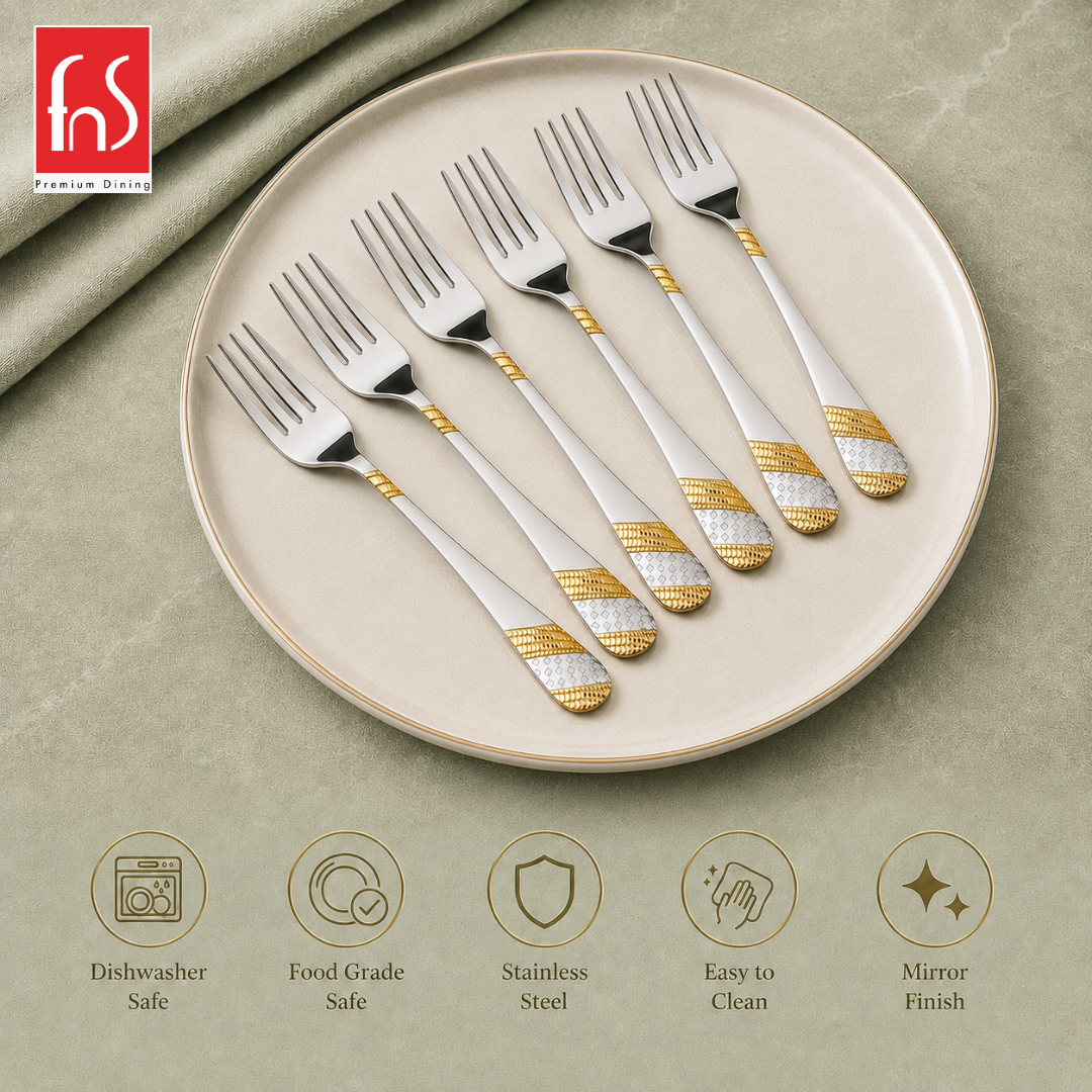 FnS Imperio Fruit Fork set of 6 pcs on a cream plate with icons for dishwasher safety, easy cleaning and mirror finish.