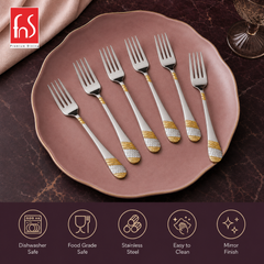 FnS Imperio 6-piece 24K gold-plated dinner fork set in food-grade stainless steel with mirror finish and easy cleaning.
