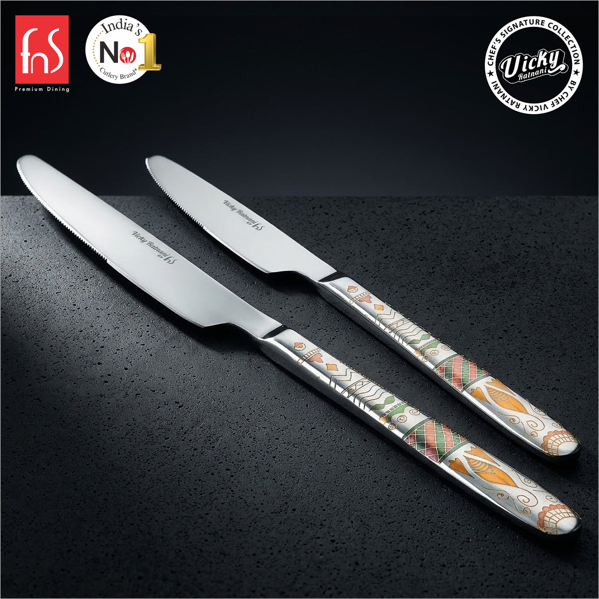 Chef Vicky Ratnani's Signature Collection By FnS Wales Dessert Knife/Dinner knife/Butter knife 2 Pcs Set | Premium artistic & contemporary craftsmanship detailing Handle Design Cutlery for Home, Dining & Kitchen