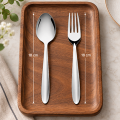 Montavo by FnS Sober 12 pcs stainless steel cutlery set showing 18 cm spoon and fork dimensions on a premium wooden tray.