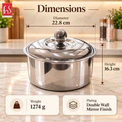 FnS Crista Double Walled Mirror Finish Stainless Steel Casserole 3000ml