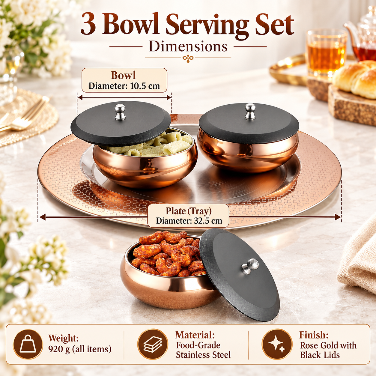 FnS Georgia 4-Pc Rose Gold Stainless Steel Serving Bowl Set with Tray