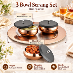 FnS Georgia 4-Pc Rose Gold Stainless Steel Serving Bowl Set with Tray
