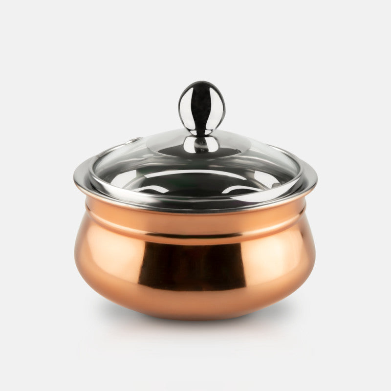 FnS Relish Stainless Steel Copper Finish Handi with Lid 750 ml featuring mirror polish and elegant serving design.
