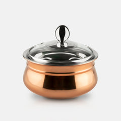 FnS Relish Stainless Steel Copper Finish Handi with Lid 750 ml featuring mirror polish and elegant serving design.
